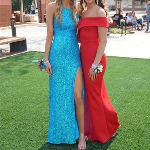 Prom dress size 0. sequin turquoise worn once perfect condition. corset back